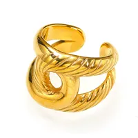 Cincin Manset Terbuka Model Pilin Bergaris Tebal, Cincin Jari Fashionable Berlapis Emas Stainless Steel yang Dapat Disesuaikan