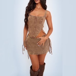 Nouveaux styles, tenues en dentelle lavée, jupe en denim d'été en coton avec gilet sans manches, ensemble 2 pièces multicolore pour femmes - Product Image 1