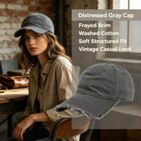 Casquette de baseball en coton délavé gris foncé, à bord effiloché et bords bruts, douce et structurée, effet vieilli, pour le streetwear, la marche urbaine, les activités de plein air et les voyages