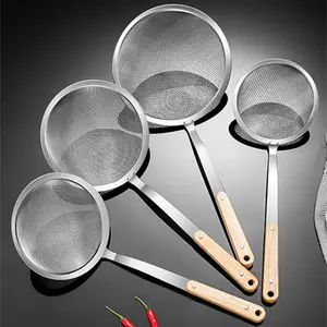 Household Multiply Use Deepen Mesh Ladle 4 Size Wooden Handle Stainless Steel Double Mesh Skimmer for Kitchen