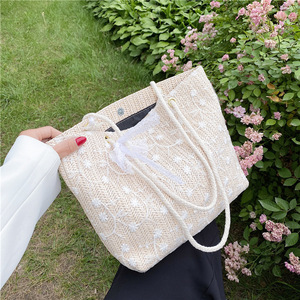 Yeni moda kadınlar saman dokuma şık omuz kanvas çanta bağbozumu büyük kapasiteli bahar ve yaz dantel çiçek saksısı tote çanta - Product Image 6