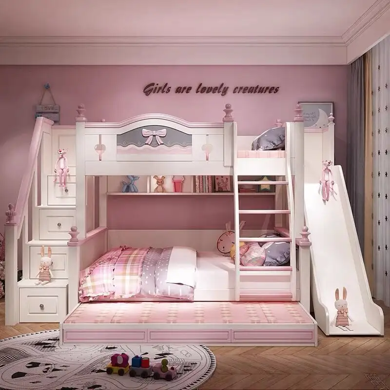 Muebles de madera deslizantes para niños pequeños, estilo loft, litera, marco de cama, cama para niños