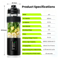 Frullatore Portatile USB 600ml, Elettrico per Frullati di Frutta, con Pulsante e Display LED, in Plastica Tritan per Cucina, Auto, Hotel, Tedesco