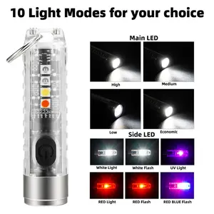 10 chế độ ánh sáng xách tay mini LED móc chìa khóa ánh sáng túi nhỏ đèn pin keychain Type-C USB sạc LED Torch ánh sáng