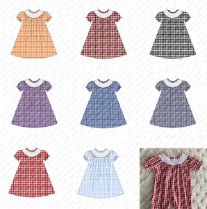 Puresun空白の子供服スモック子供服カスタムパターンサッカーチームのための綿ギンガムガールドレス