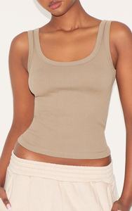 विंटेज ब्राउन रिब बुना हुआ स्वेटर गर्मियों बांस कपास महिलाओं की आस्तीन वाली टी-शर्ट क्रू गर्दन स्लिम फिट वेस्ट - Product Image 2