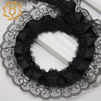 Renda Satin Hitam 5cm Gaya Jepang Pola Solid Dekoratif Berlipit untuk Pakaian, Topi, Aksesoris Boneka, Kerajinan DIY