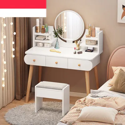Escritorio de madera con taburete, muebles de dormitorio, 3 cajones, tocador de maquillaje con espejo, blanco, nuevo, 2022