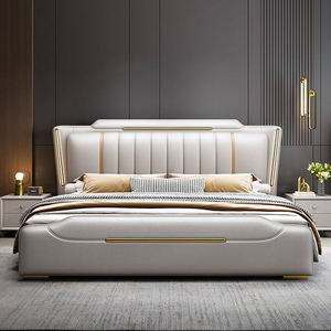 Ensemble de lit en cuir italien de luxe pour la maison, style moderne minimaliste élégant, lit <span class=keywords><strong>king</strong></span>-size éclairé de 1,8 m, lit capitonné design avec rangement - Product Image 1