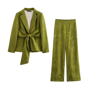 Traje de 2 Piezas para Mujer, Verano, Casual, Jacquard Sólido, con Decoración de Lazo, Transpirable, de Secado Rápido, Pantalones de Pierna Recta - Product Image 1