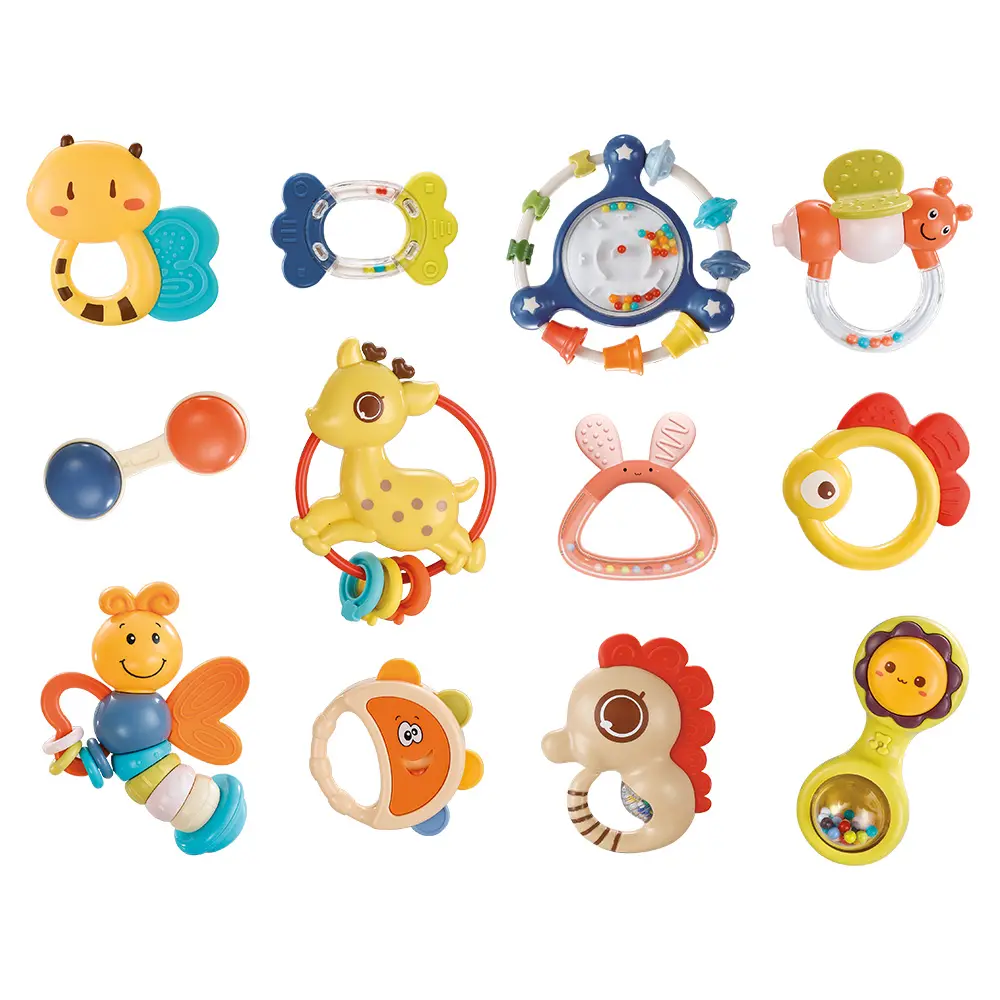 Eco-friendly material lovely infant teether plastic hand rattle rings baby teething gift toy set