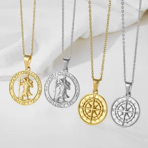 Coin Necklace Gold Plated Stainless Steel Jesus God Protect Us Compass Medallion Coin Pendant Necklace