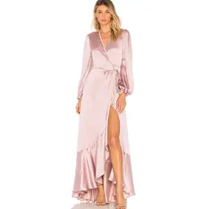 High Quality Clothing Women Long Sleeve Silk Open Leg Women Maxi Dress