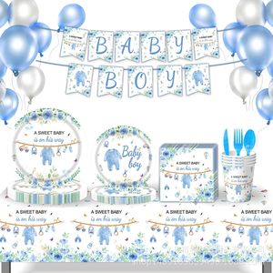Ensemble de vaisselle imprimé numérique rond bleu pour fête de baptême, 60-80 pièces, décorations d'anniversaire respectueuses de l'environnement - Product Image 1