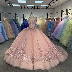 Vestido de Quinceañera Vintage de Gasa Rosa con Apliques, Escote Corazón, Hombros Descubiertos, 100% Algodón, Formal, Modelo Dy1229-1 - Product Image 4