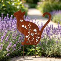 Piquets de jardin vintage en métal rouillé en forme de chat avec découpes florales, sculpture en métal rouillé pour la décoration de jardin et de patio