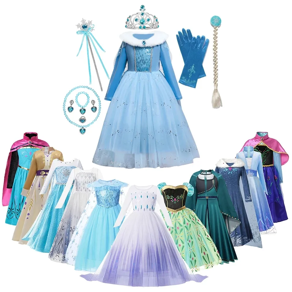 Anna Elsa Princess Costumes For Kids Halloween Christmas Party Cosplay Snow Queen Fancy Dresses Girls Snowflake Prom Gown