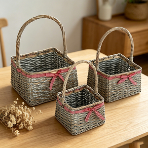 Juego de Cestas Rústicas de Mimbre Tejido con Lazo de Gingham Rojo <span class=keywords><strong>para</strong></span> Regalo de Pascua, Organizador de Frutas <span class=keywords><strong>para</strong></span> Cocina, Decoración del Hogar - Product Image 4
