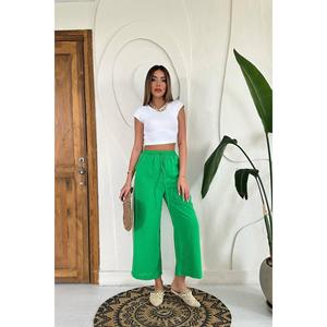 Pantalones Casuales de Lino Verde para Mujer al por Mayor, Cintura Alta Elástica, Transpirables, de Pierna Ancha, Talla 3XL, Lavado de Color, Elásticos - Product Image 3