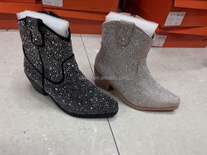 SHIKOL, botas vaqueras para mujer, zapatos de mujer, <span class=keywords><strong>botines</strong></span> de gamuza para mujer, botas de moda de media pantorrilla para fiesta de boda, botas negras con diamantes de imitación <span class=keywords><strong>plateados</strong></span> - Product Image 6