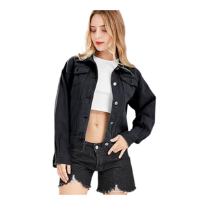 Veste en jean noire personnalisée pour femmes | Manteau en jean décontracté surdimensionné | Tissu sergé 100% coton | Vêtements d'extérieur à la mode OEM/ODM - Product Image 3