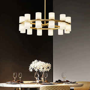 Lámpara de araña moderna redonda de latón dorado con pantallas cilíndricas de alabastro para comedor, luz LED blanca cálida de 3500K regulable - Product Image 4