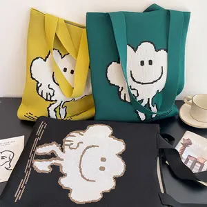 Bolsos de ganchillo de punto con diseños de dibujos animados de estilo lindo vintage, bolsos de un hombro de gran capacidad para ordenador portátil, bolsos de mano de colores surtidos para niñas