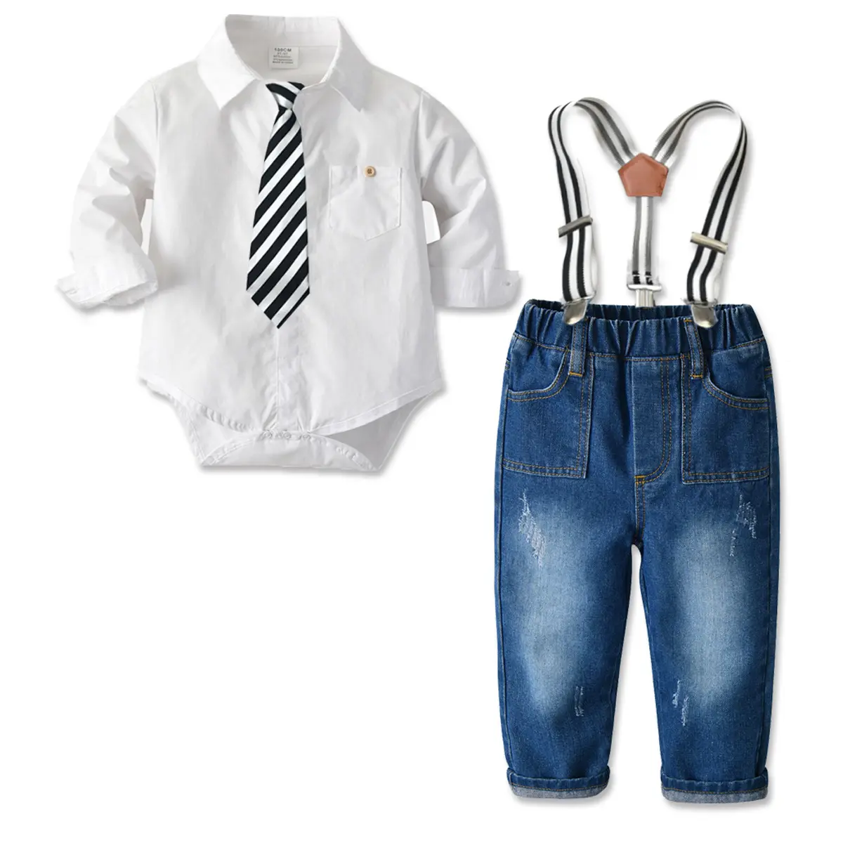 LZH Set Pakaian Bayi Laki-laki, Baju Monyet Jeans Suspender Dasi Kupu-kupu Balita Bayi Laki-laki