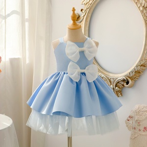 Vestido de princesa sin mangas para niñas, vestido formal plisado de tul satinado con doble lazo, ropa de verano - Product Image 1