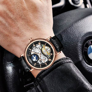 2025顶级流行皮革月相陀飞轮3D空心比例自动机械表男士现代古典风格 - Product Image 5