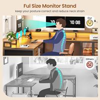 Meja Kantor Rumah, Rak Monitor CPU, Meja Gaming Bentuk L Warna Coklat, 4 Laci, Lemari Display, Meja Komputer