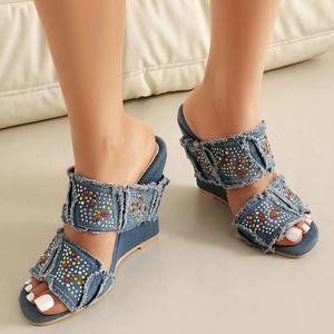 Sandales compensées en jean à bout ouvert pour femmes, grande taille 46, avec strass colorés, chaussures à talon haut et coupe large - Product Image 3