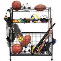 Chariot de rangement roulant pour équipement de sport, organisateur de balles et d'accessoires avec crochets et paniers pour l'intérieur et l'extérieur