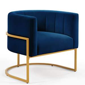 Fauteuil d'appoint en velours bleu marine avec structure en métal doré, dossier incurvé, style mid-century, pour salon et détente - Product Image 3
