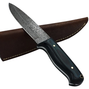 Couteau de poche en acier damas à lame fixe, gaine en cuir, manche en corne pour la chasse en plein air, camping, prix de gros personnalisable OEM - Product Image 1