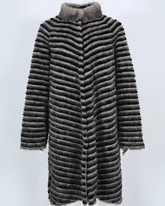 OFTBUY2023 X-long Real Fur Coat Robe Winter Gown Women Natural Mink Rabbit Fur Strip Sewed Toghter New Fashion Loose Streetwear