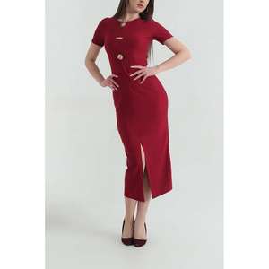 Elegante Vestido Tubo con Cuello Redondo, Manga Media, Cintura Natural y Detalle de Abertura para Noche - Product Image 4