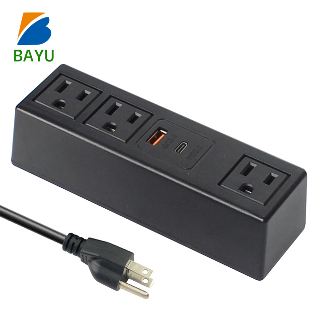 Removable Funiture Socket USB PD 20W Desk Clamp Power Strip Surge Protector USB-A Type-C 3 AC 2 Ports Mountable Tabletop Edge