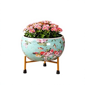 Decorative Metal Planter <b>Pots</b> with Stands Floral Boho Printed Round Flower <b>Pots</b> for Indoor Plants <b>Succulents</b> Tabletop Garden - Product Image 1