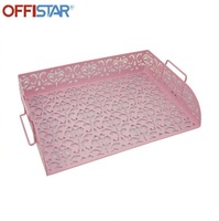 Organisateur de bureau empilable en métal rose, plateau à documents en maille métallique pour papiers A4