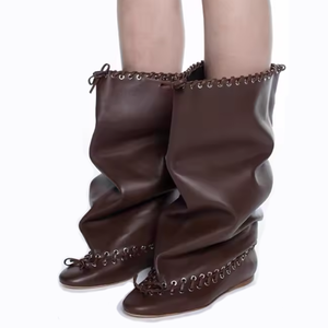 Custom Loose Pleated Upper on Shoes Front Bow Slouchy Flat <b>Long</b> Boots Women's Top String Tangled Baggy Knee High Booties - Product Image 1