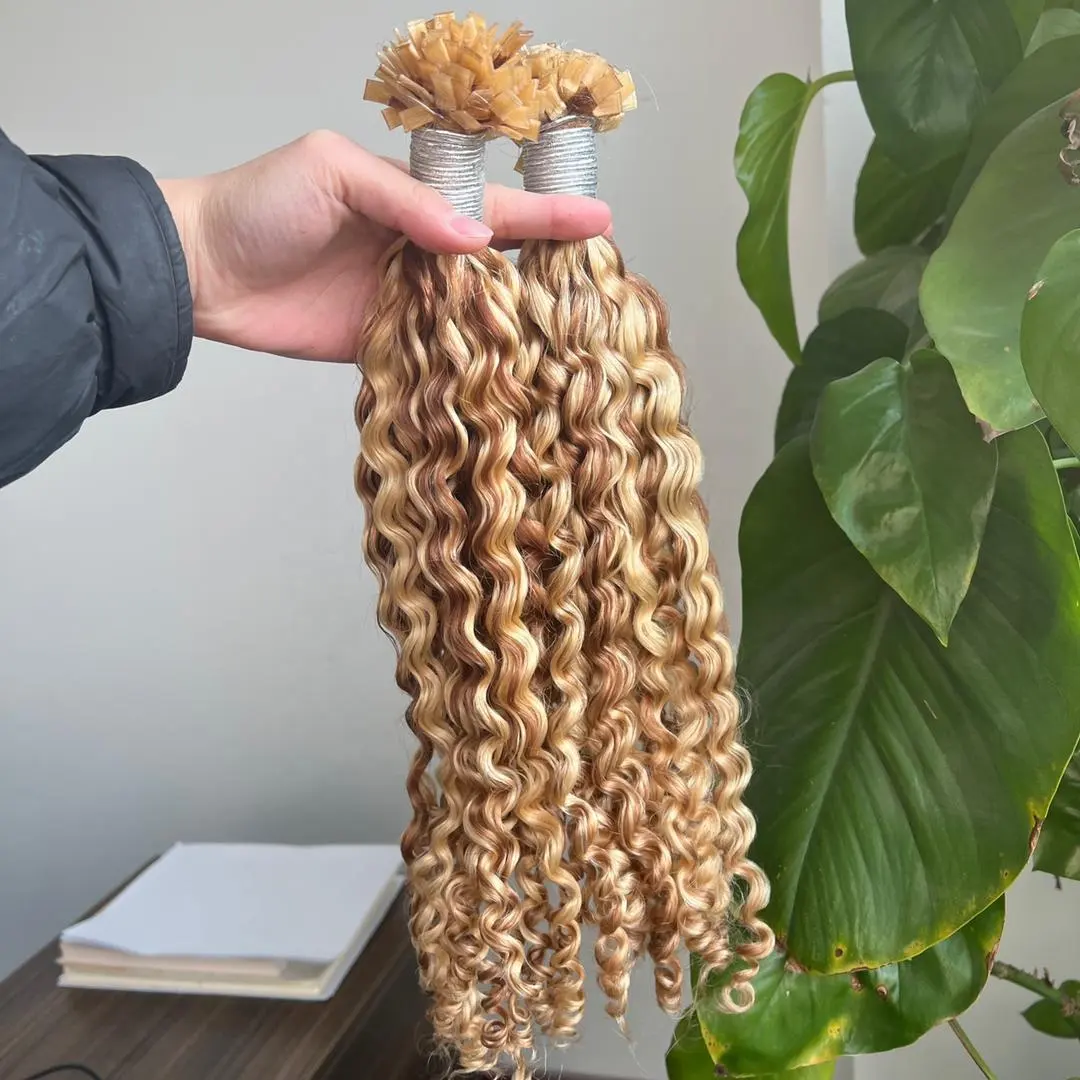 Amara grosir ekstensi rambut ujung datar rambut manusia keriting ujung datar ditarik ganda rambut ujung remy pengiriman cepat