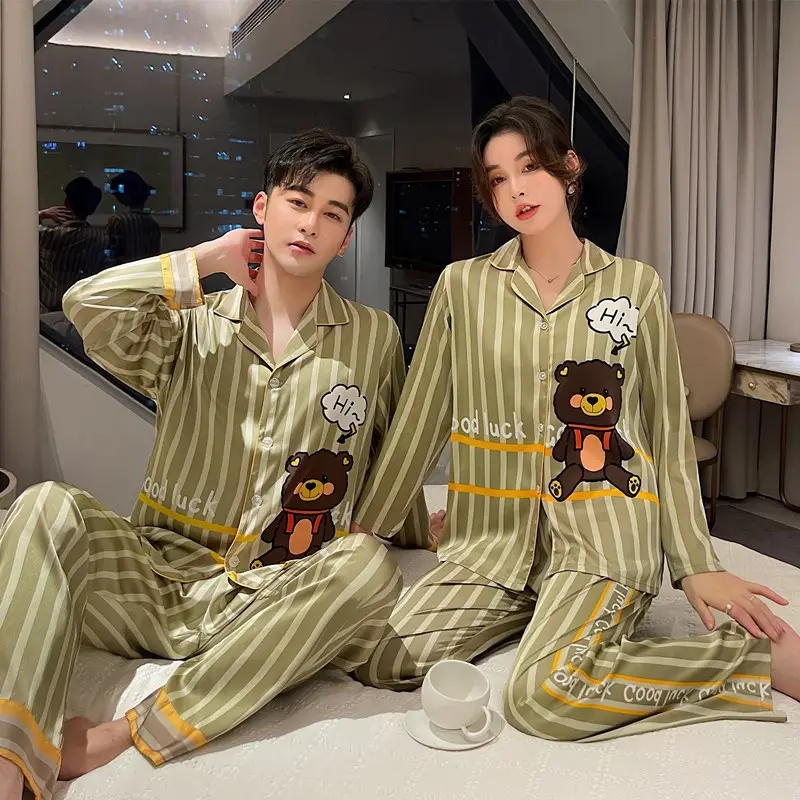 Spring Cute striped couple pajamas Luxury men's silk two piece nightgown sweet cartoon women's long sleeve pants pyjamas