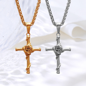 Edelstahl Vergoldeter Christlicher Schmuck Kruzifix Kreuz Halskette Herren Punk Anhänger Wasserdicht Rosenkreuz Halskette - Product Image 1