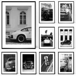 Affiches anciennes impression sur <span class=keywords><strong>toile</strong></span> noir et blanc Vintage Wall Art classique vieilles peintures de voitures pour la décoration intérieure - Product Image 6