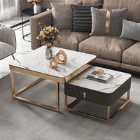 Ensemble de tables basses gigognes carrées de luxe moderne, 2 pièces, plateau en pierre frittée effet marbre, structure en métal doré avec tiroir pour salon