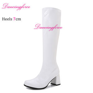 1960s 70s chaussures de danse femmes <span class=keywords><strong>Gogo</strong></span> bottes Sexy danseuse exotique chaussures Vintage genou hauts talons carrés fermeture éclair latérale bottes à talons bas - Product Image 1