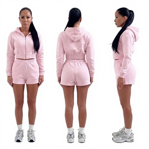 Women's Pink Hooded <b>Zipper</b> <b>Sweatshirt</b> and Shorts 2-Piece Set Long Sleeve Fleece Tracksuit - Product Image 1
