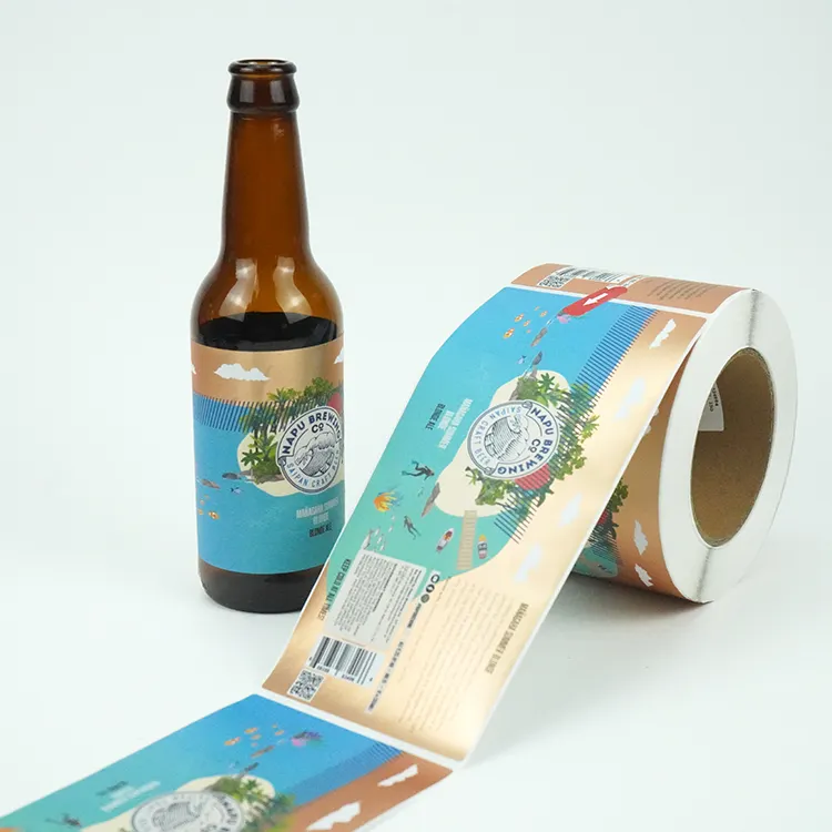 ขวดแก้วเบียร์ฉลากตามสั่งพิมพ์ CMYK สติกเกอร์ติดฉลากผลิตภัณฑ์กันน้ำแบบเงางามสำหรับขวดเบียร์