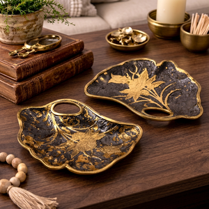 Assiettes décoratives en métal orientales faites à la main avec incrustations dorées, motif floral, forme irrégulière, pour cadeaux - Product Image 5